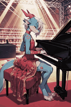 AI generated video: dragon femboy playing sad piano music