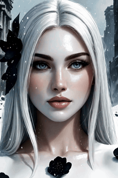 AI generated video: Close-up, a woman with mirrored skin standing in a snowstorm of black petals…