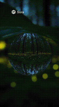 AI generated video: 題材：同期するホタルの森｜“露のレンズ”から見た光の波 視点：葉先の露滴の中から（屈折ワイド）→外へ（1カット）※実撮不可能。…