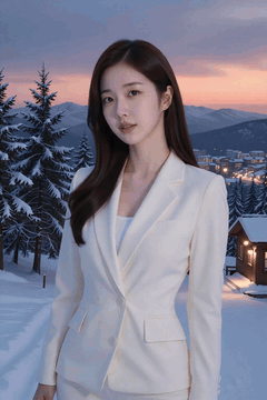 AI generated video: A woman in a white suit is standing in front of a snowy mountain village, Long…