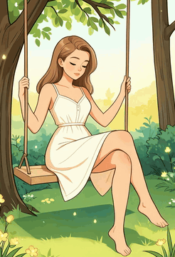 AI生成视频：woman closeup, A woman sitting on a swing hanging from an old oak tree, her…