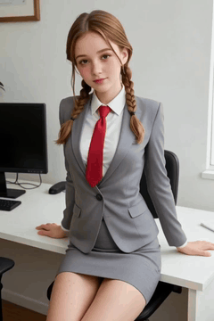 AI generated video: A blonde girl with freckles and two braided pigtails, wearing a grey skirt suit…