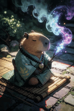 AI generated video: The robed capybara monk in @start-frame stays seated cross-legged on the bamboo…