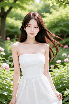 AI generated video: A woman stands in a field of flowers and moves her body slightly, her long hair…