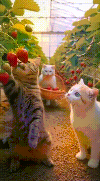 AI generated video: いちご狩りは楽しいニャン♥️
