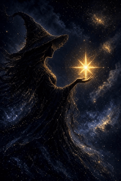 AI generated video: A stunning silhouette of a mystical witch in a tall, pointed hat, seen in…