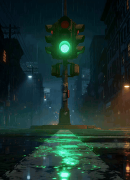 AI generated video: 0–1 second: A dark empty road at night in a semi realistic cel shade…