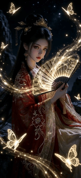 Видео, сгенерированное нейросетью: The woman slowly wafts her glowing fan, casting shimmering golden light trails…