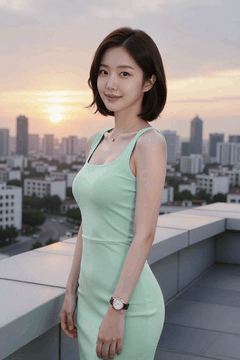 AI generated video: A young woman in a green dress is standing on the roof and smiling,, The sun…