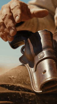 AI generated video: Close-up macro tracking shot of a weathered cowboy's calloused hand hovering…
