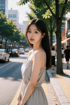 AI generated video: A young woman stands and turns around on a city street, long hair swaying in…