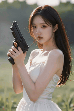 AI generated video: A woman in a white dress is standing with a pistol, Her long hair is scattered…