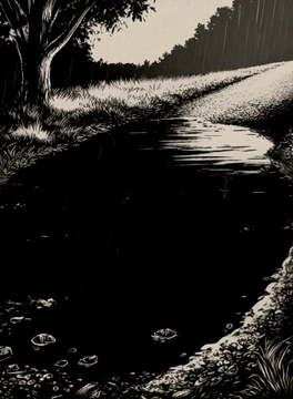AI generated video: This video is shot in da0klfe, black and white woodcut-style illustration, This…