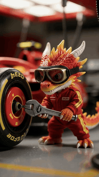 AI generated video: Macro 85mm f/1.8 eye-level dynamic action photo. In a miniature high-tech F1…