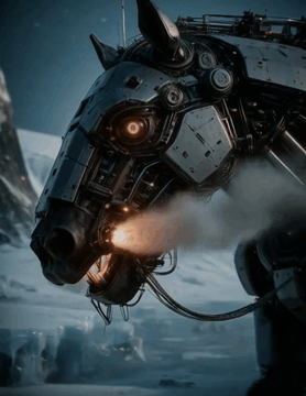 AI generated video: Cinematic fast-paced tracking shot, a colossal mechanical horse with intricate…