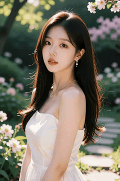 AI generated video: A young woman in a white dress is standing in the garden and looking at the…
