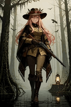 AI generated video: Anime digital illustration of Kitagawa Marin as a Hunt: Showdown 1896 hunter in…