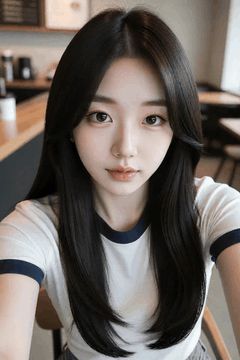 AI generated video: A young woman takes a selfie at a cafe, her long dark hair shakes softly, The…