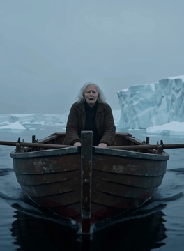 AI generated video: A single old granny is alone in a row boat paddling the boat forwards she says…