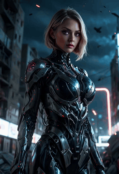 AI generated video: SFW action scene of a cute silent robotic cyborg girl with a serious attitude…