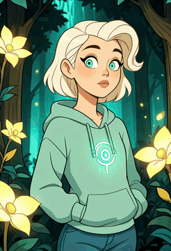 AI generated video: Luz from The Owl House holding a glowing glyph in a dark forest, her hoodie and…