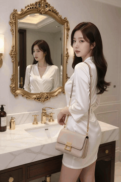 AI generated video: A woman in a white dress is standing next to the bathroom sink and looking at…