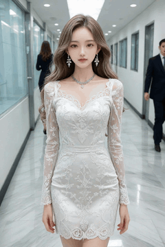 AI generated video: a woman in a white lace dress is walking down the office hallway, Other people…
