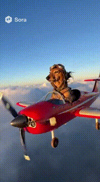 AI生成视频：A dachshund flying an airplabe