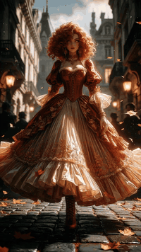Видео, сгенерированное нейросетью: The young woman in the elegant dress walking on the cobblestone street. She…