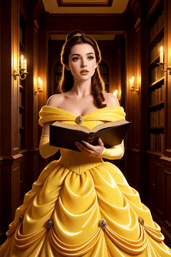 AI generated video: Belle standing in the grand library of the Beast’s castle, wearing her yellow…