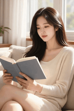 AI generated video: woman sits on the sofa and reads a book with a smile, The long hair swings…