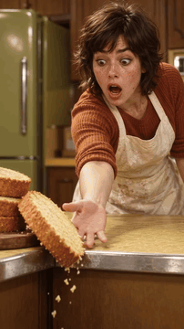 AI generated video: Cinematic slow-motion. The top sponge cake layer tips off the counter edge as…