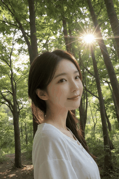 AI generated video: A young woman in the forest is smiling softly, and, hair is blowing in the…