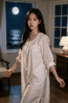 AI generated video: long haired woman slowly moves in the room, and, The dress shakes slightly…