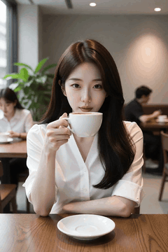 AI generated video: A young woman is sitting at a cafe table drinking coffee, Her long hair shakes…