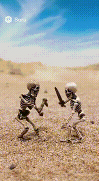 AI generated video: Mini skeletons start fighting each other until a nuke drops on them