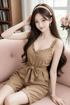 AI generated video: A young woman sits on the sofa, touches her hair, and moves her body slightly…