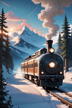 AI generated video: sexy woman centered, A steam train traveling through a snowy landscape, with…