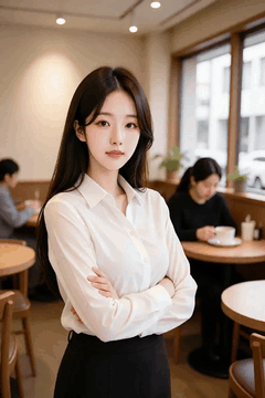 AI generated video: A young woman standing still with her arms crossed, Another guest in the…