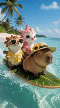 AI generated video: Photorealistic tropical beach adventure macro photo. Dynamic low-angle wide…