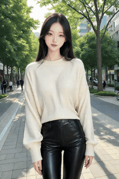 AI generated video: A young woman stands on the city sidewalk and slowly moves her body, The long…