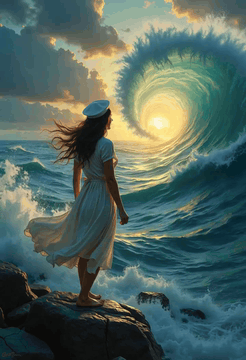 AI generated video: The girl waves hello to the sun, which is visible inside the swirling wave. The…