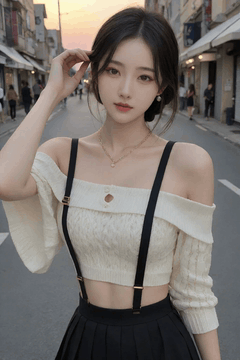 AI generated video: A young woman is standing still touching her hair on the street, The waves of…