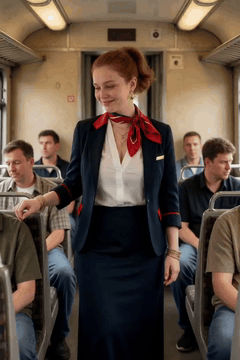 AI generated video: shy smiling woman slowly walking through a train. she stops talking to one…