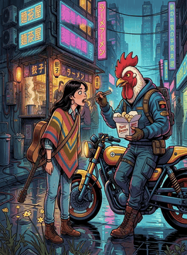 AI generated video: A vibrant, comic-book style illustration of a cyberpunk alleyway at night. An…
