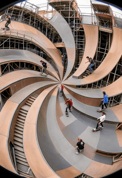 AI generated video: Transform the entire image into fisheye photo of an indoor skatepark with tall…