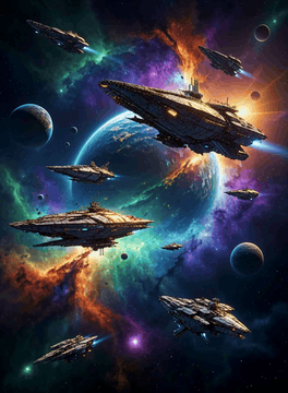 AI generated video: z1os, A vast cosmic scene unfolds with a massive fleet of angular starships…