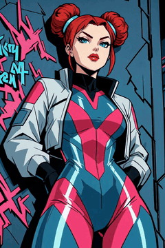 AI generated video: fashion rebel, layered transparent techwear jacket over glowing suit, red lip…