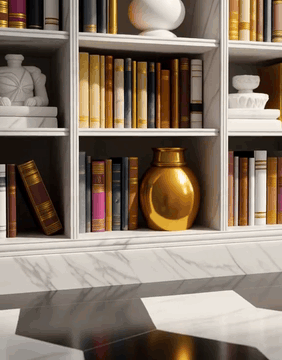 AI generated video: MarbleGoldWorld bookshelf in a university library