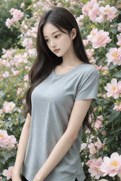 AI generated video: A young woman with long hair stands in a flower garden and turns her head, The…